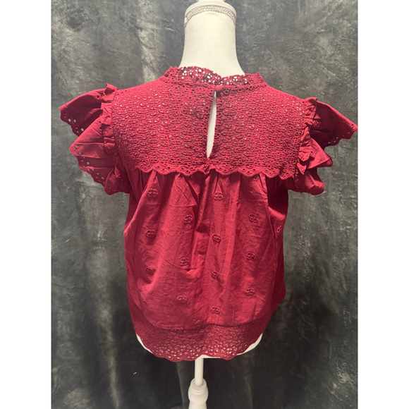 NWOT Calypso St Barth Eyelet Embroidered Blouse Ruffle Sleeve Burgundy Size Med - Picture 2 of 6